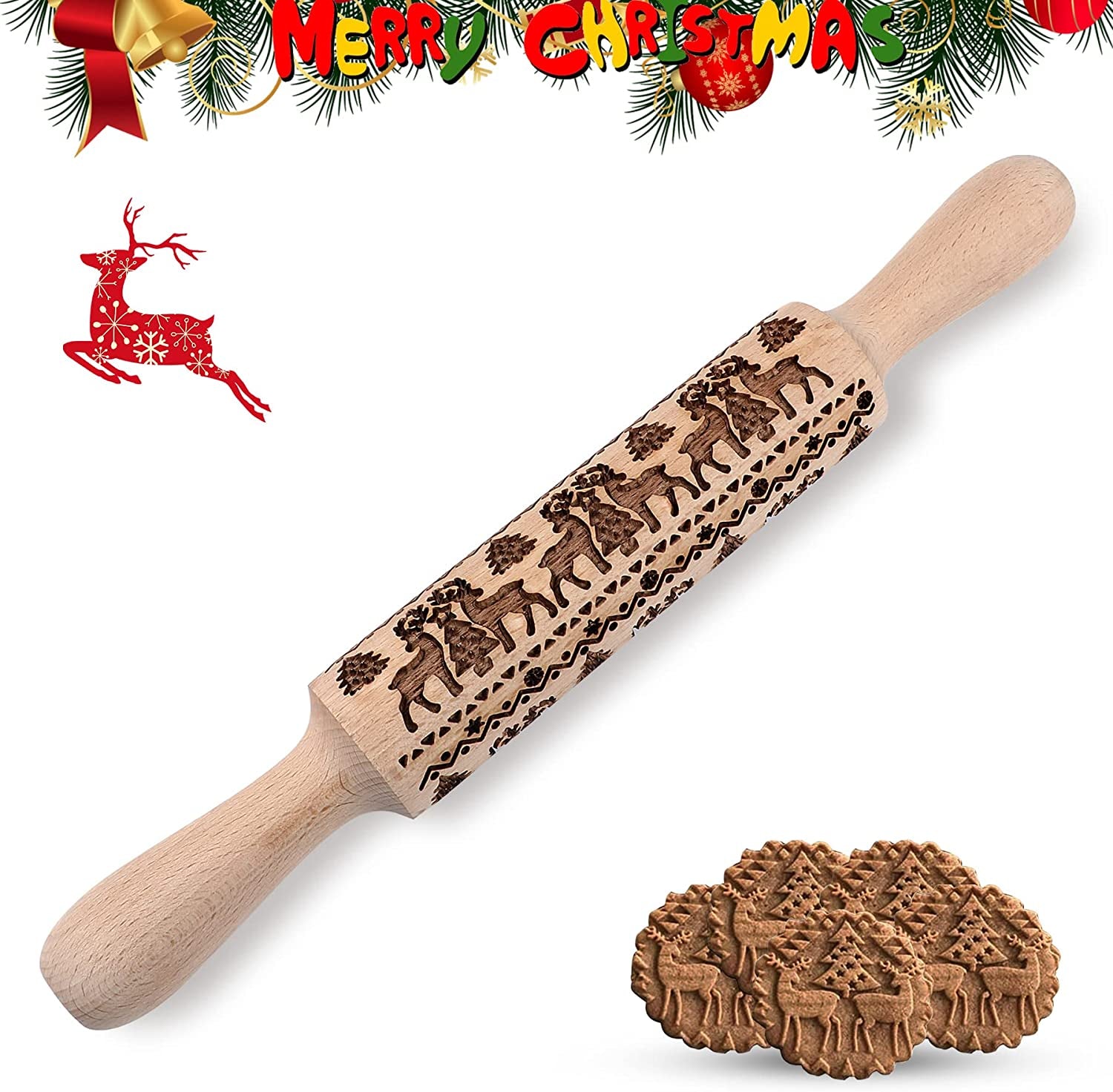 2 Pack Christmas Wooden Rolling Pins Deeply Engraved Embossing Rolling Pin  with Christmas Deer Pattern for Baking Embossed Cookies,Rolling Pin Kitchen  Tool (14 inch) 
