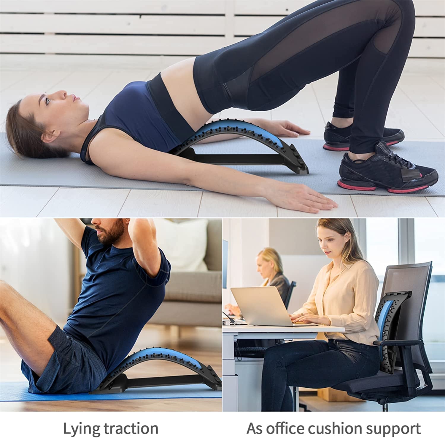 Multi-Level Back Stretcher Device, Lumbar Back Stretching Device, Memory  Foam Lumbar Pillow Back Pain Support for Office Chair and Pain Relief(Blue)  Blue Black